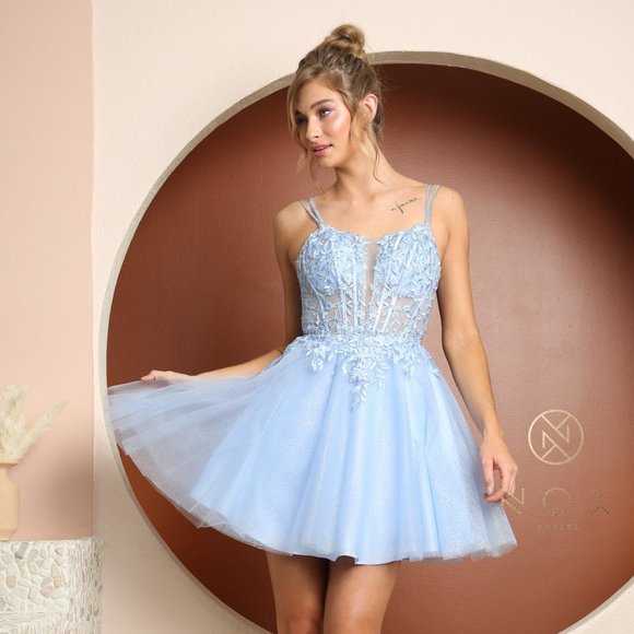 NEW BABY-BLUE OFF SHOULDER SLEEVELESS EMBROIDERY MINI GOWN WITH STRAPS NX T724 - Picture 1 of 9